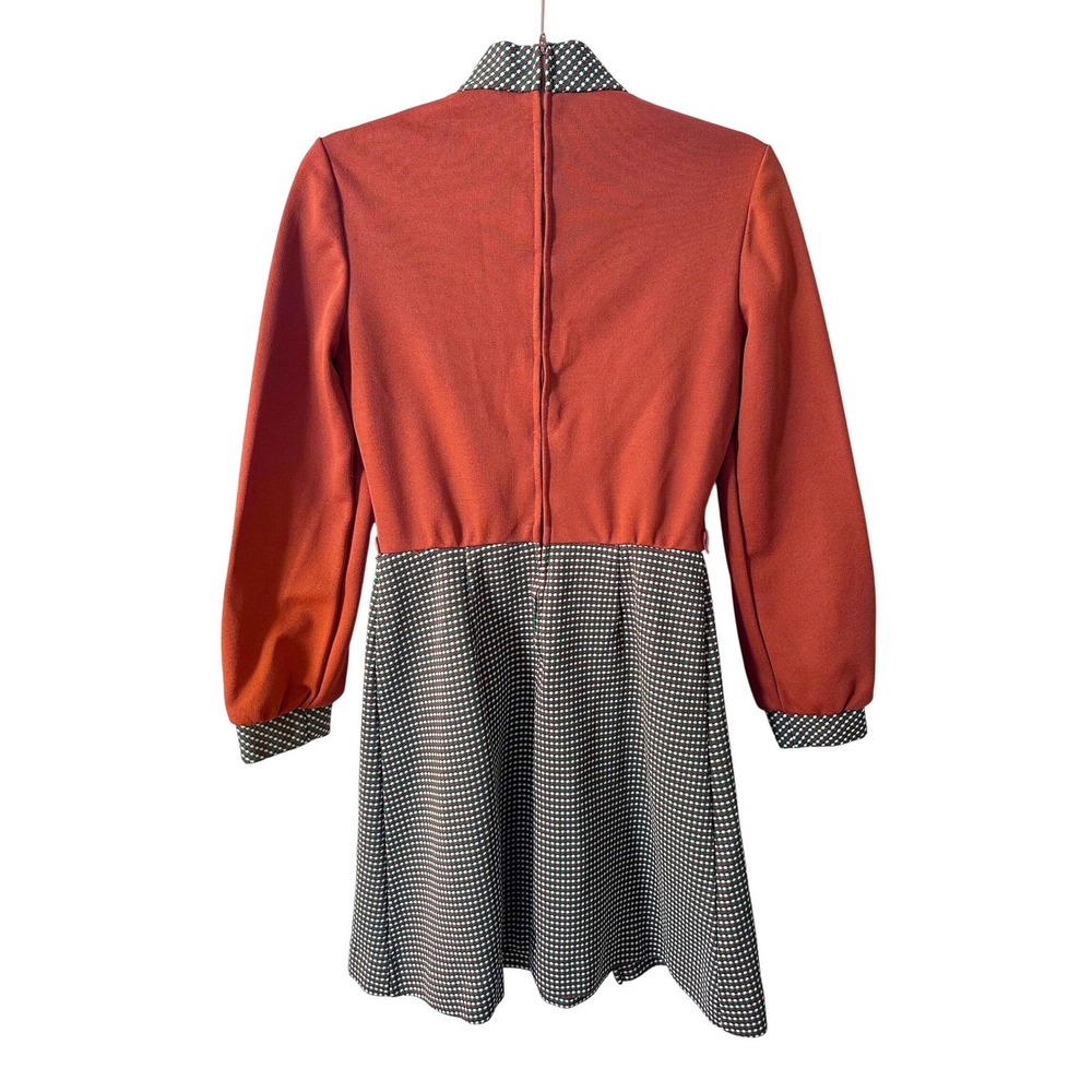 Vintage Gay Gibson 70s Mod Dress Houndstooth GoGo Retro Mock Neck XS Orange - Picture 2 of 10